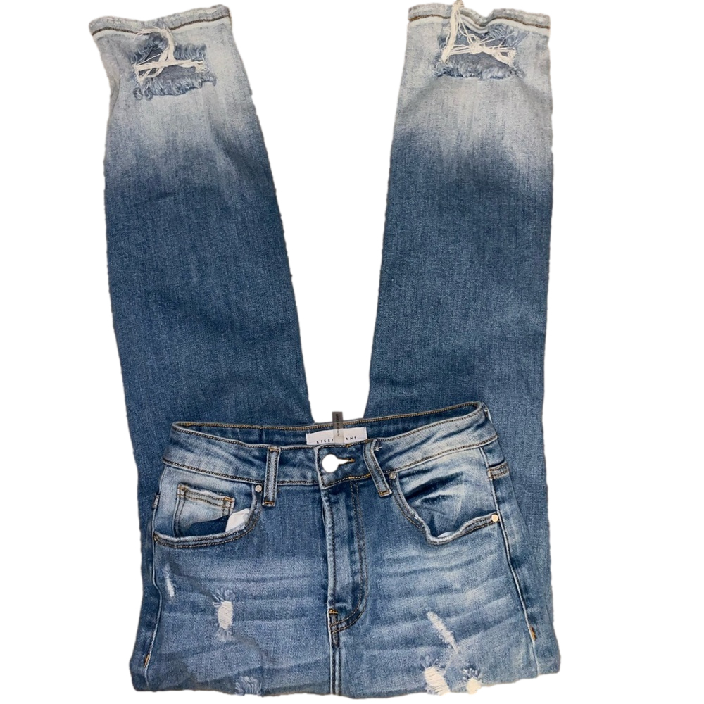 RISEN Jeans Distressed Two Tone Denim Straight Women Size 3 Boho Stretch Edgy - Picture 7 of 12